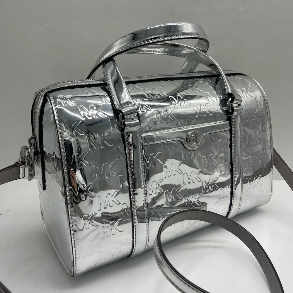 MICHAEL KORS Jet Set Medium Patent Logo Debossed Duffel Crossbody Bag Silver NWT